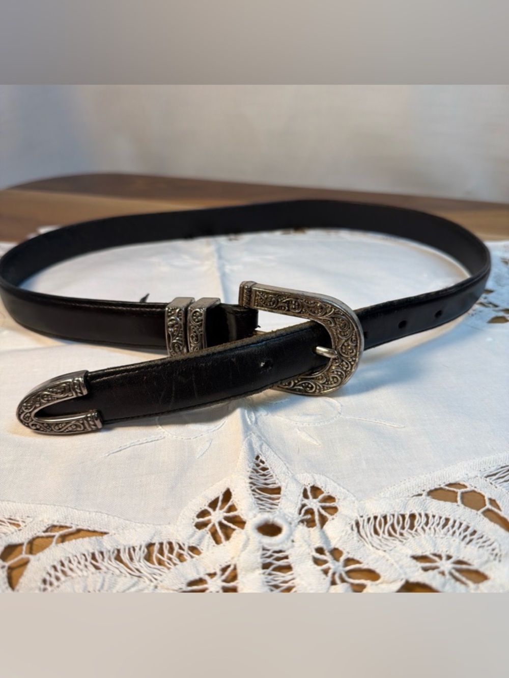 VTG Brighton silver jeweled black leather belt Size M 30 Length 36” Made USA